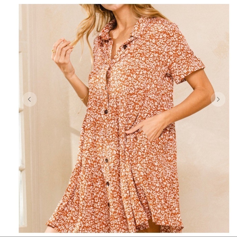 New! Boho Short-Sleeve Floral Button Down Babydoll Flowy Dress Size S Oversized - Picture 4 of 5